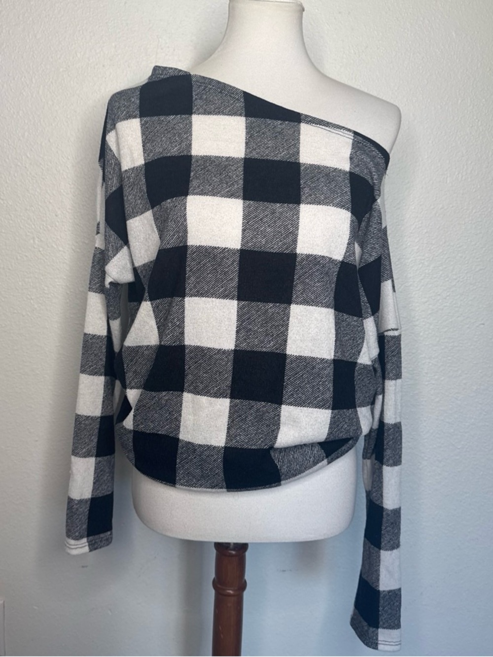 white birch Black and White Buffalo-Check Off-the-Shoulder Sweater